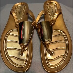 Jessica Simpson Womens Gold Metallic Jelly Thong Sandals Shield Detail Size 9